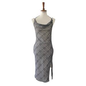 NBD Revolve Sleeveless Halter Plaid Houndstooth Dress Slit Black White S Small